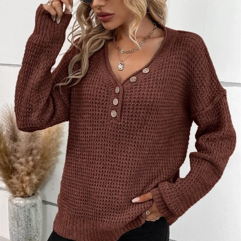 Button detailed knit Sweater top brown - Picture 3 of 5